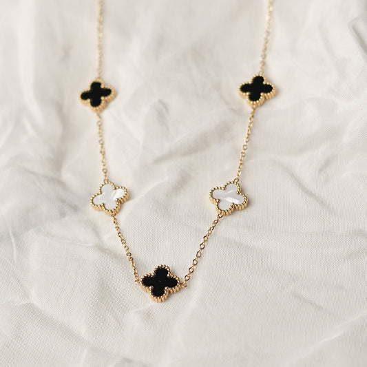 Estele Rose Gold Plated Four Leaf Clover Design Black Enamel Long Pendant Necklace